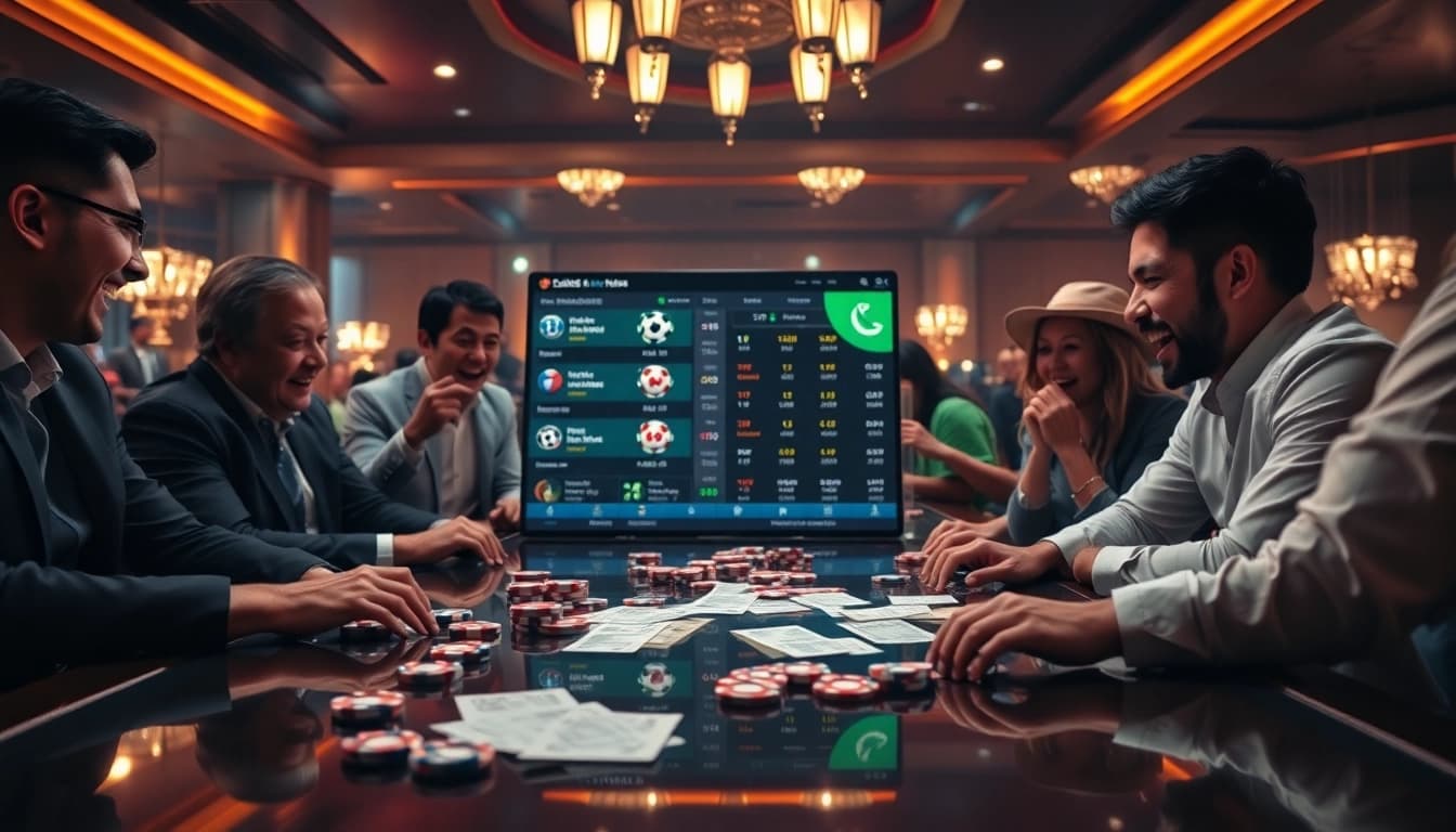 Experiencing แทงบอลยังไง at a luxury casino with excited gamblers making bets on live soccer matches.