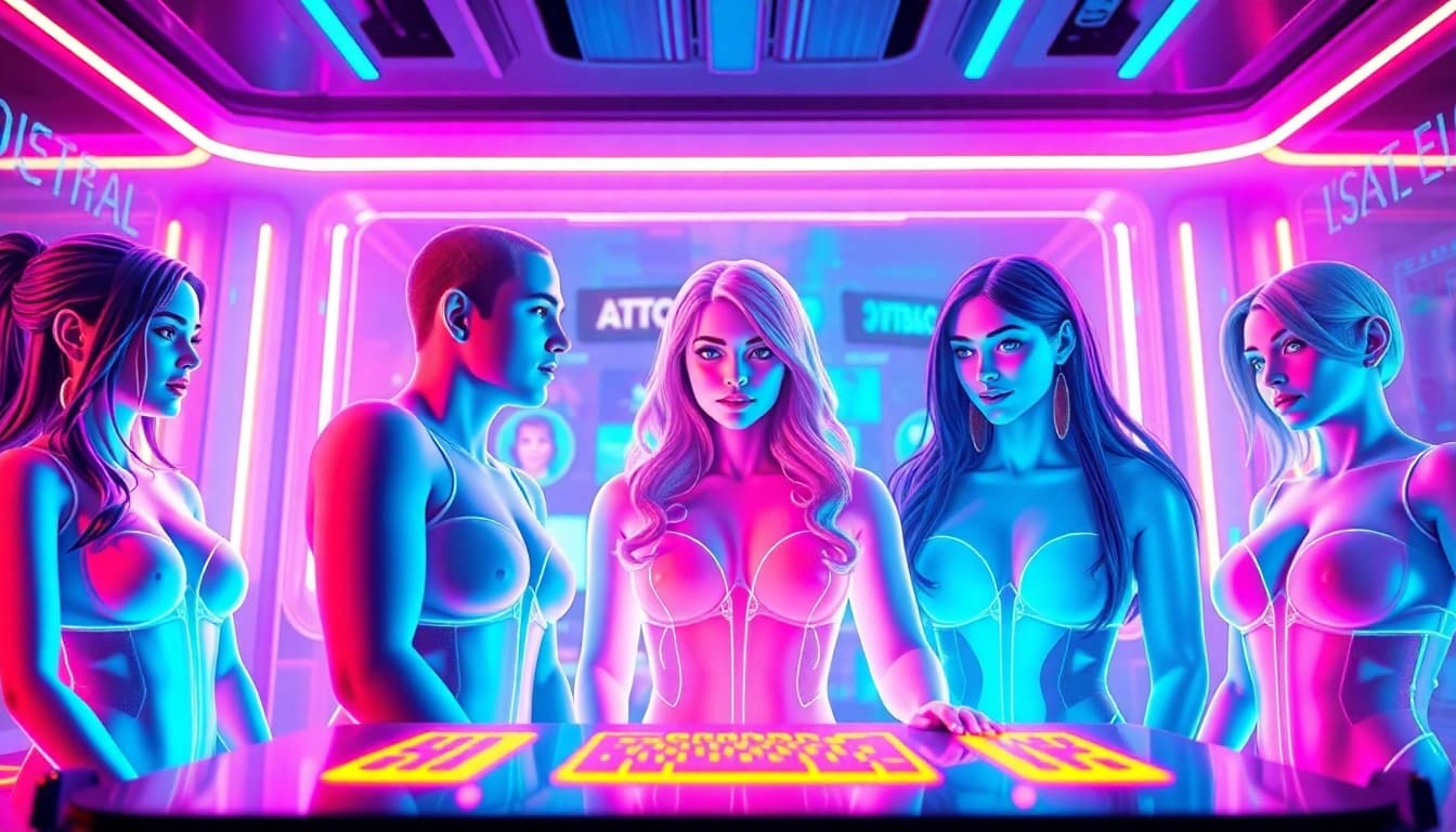 NSFW digital chat interface with vibrant holographic characters in a futuristic design.