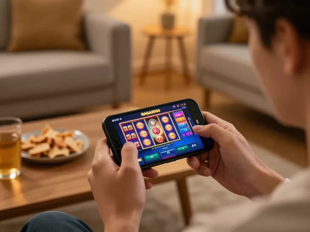 NAGA2000 app interface displayed on smartphone for online gaming in a cozy living room.