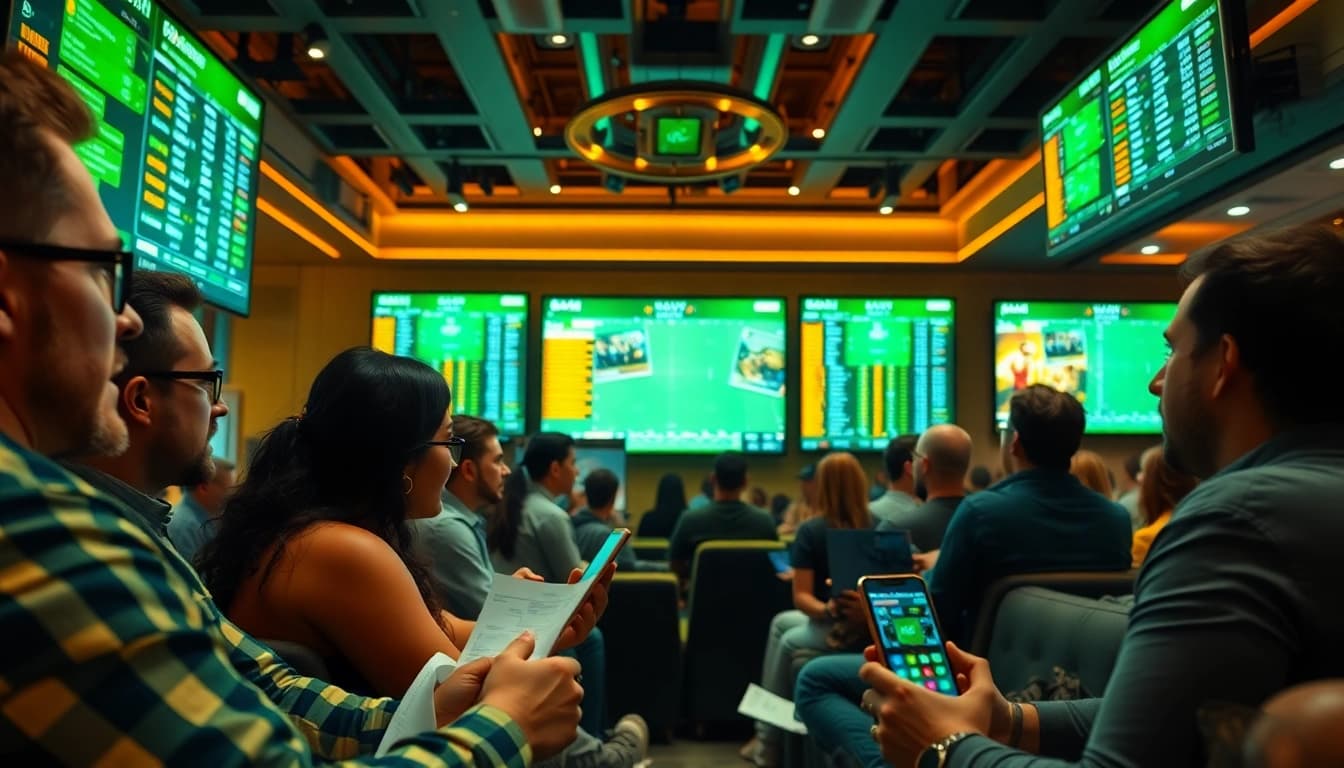 Bettors immersed in online Betting experience with screens showing live stats and predictions.