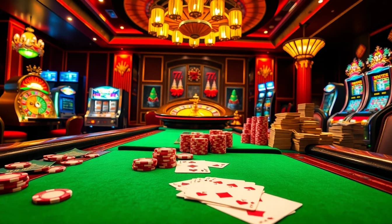 Experience the thrill of gambling at an upscale casino with OK8386, featuring poker chips and a roulette wheel.