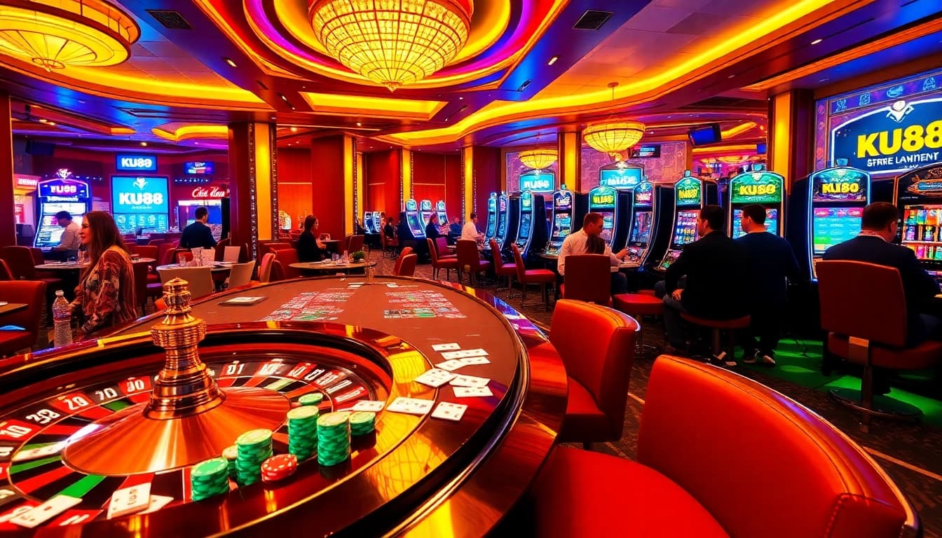 Experience the thrill of gambling at KU88 casino with vibrant tables, slots, and players.