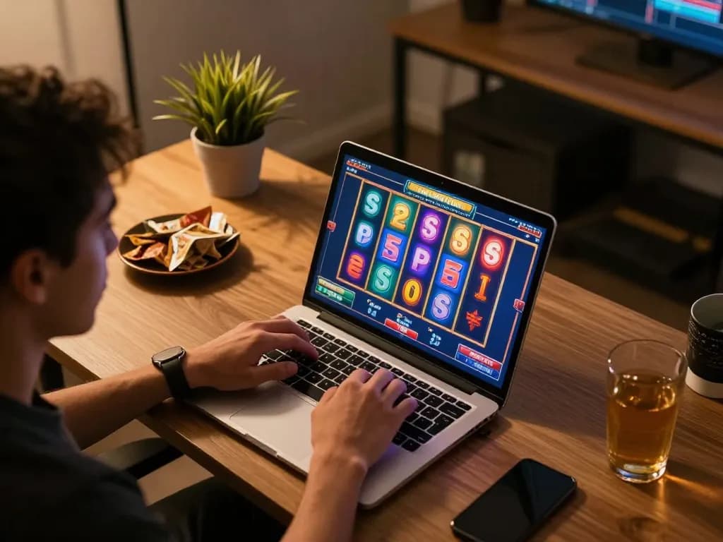 Engaging with slot gacor on a laptop while enjoying a cozy online gaming session at home
