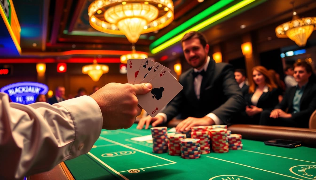 Engaging scene of a Blackjack Casino table showcasing a dealer and vibrant atmosphere.