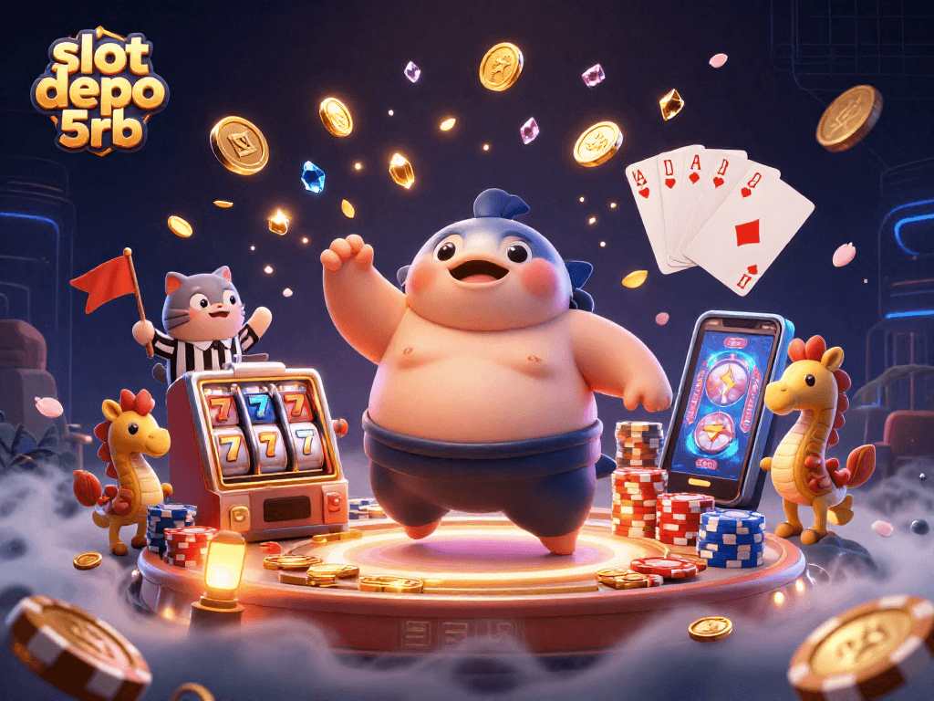 Experience the thrill of slot depo 5rb with vibrant characters and dynamic casino elements in a 3D scene.