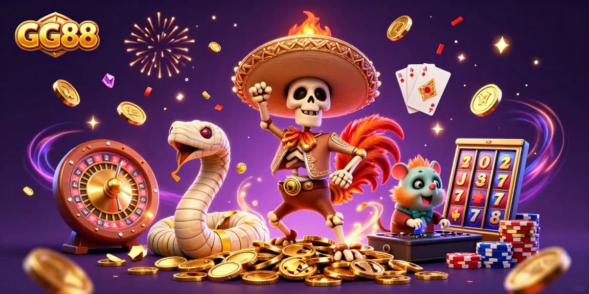 Experience GG88's vibrant casino scene with 3D characters celebrating with coins and gems.
