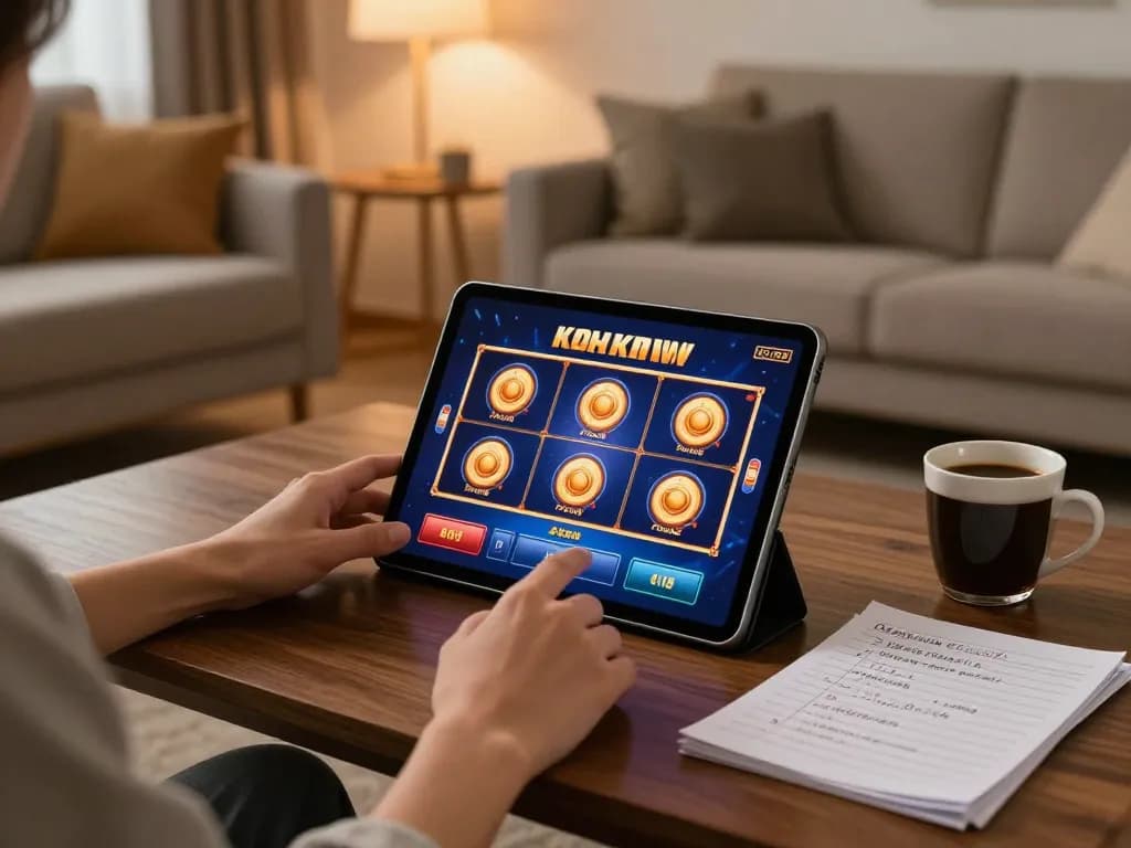 Engaging in responsible gaming at trang chủ 68win with online slots in a cozy living room.