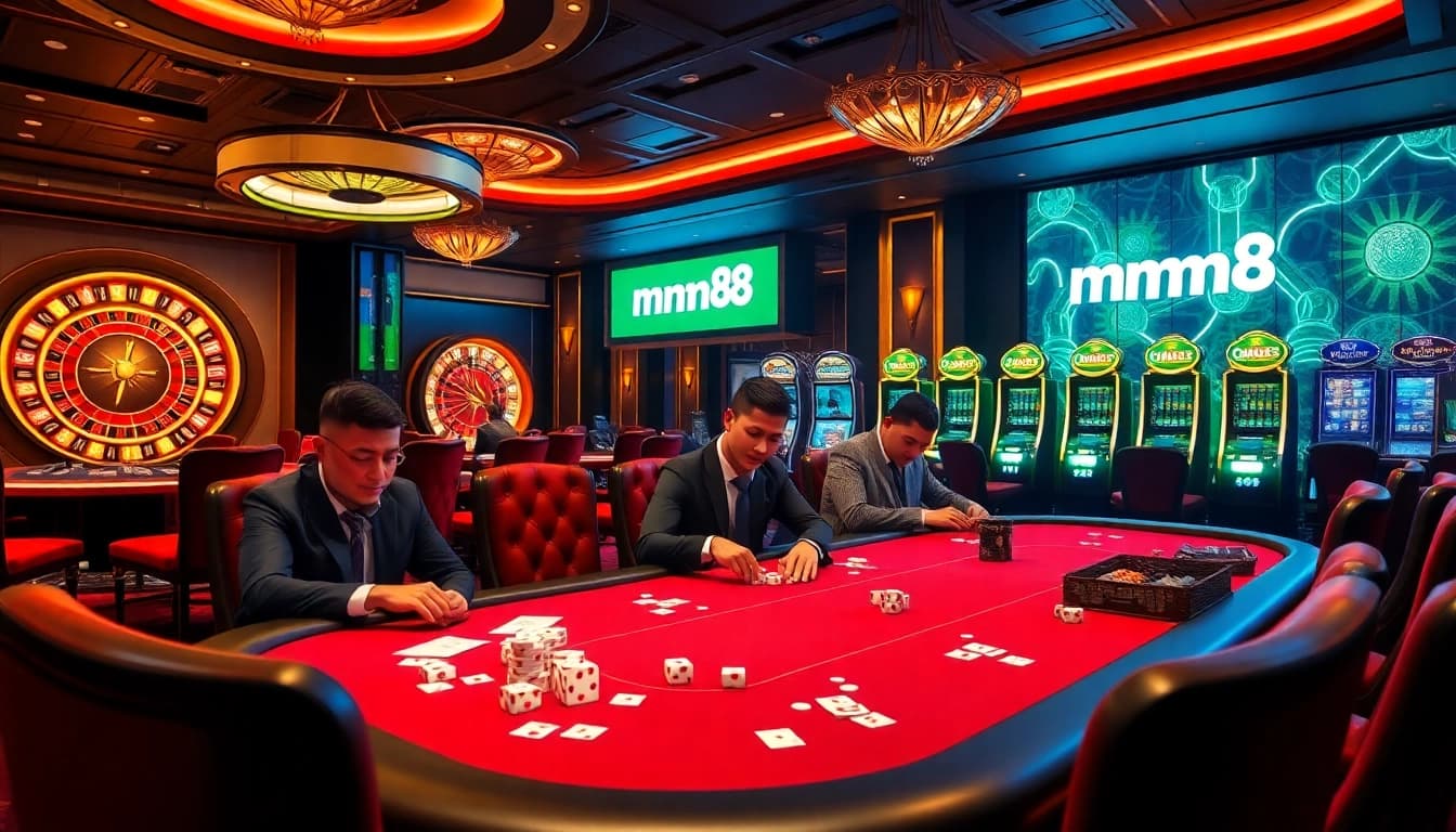 Playing poker at mm88 with professional dealers in a luxurious casino setting.
