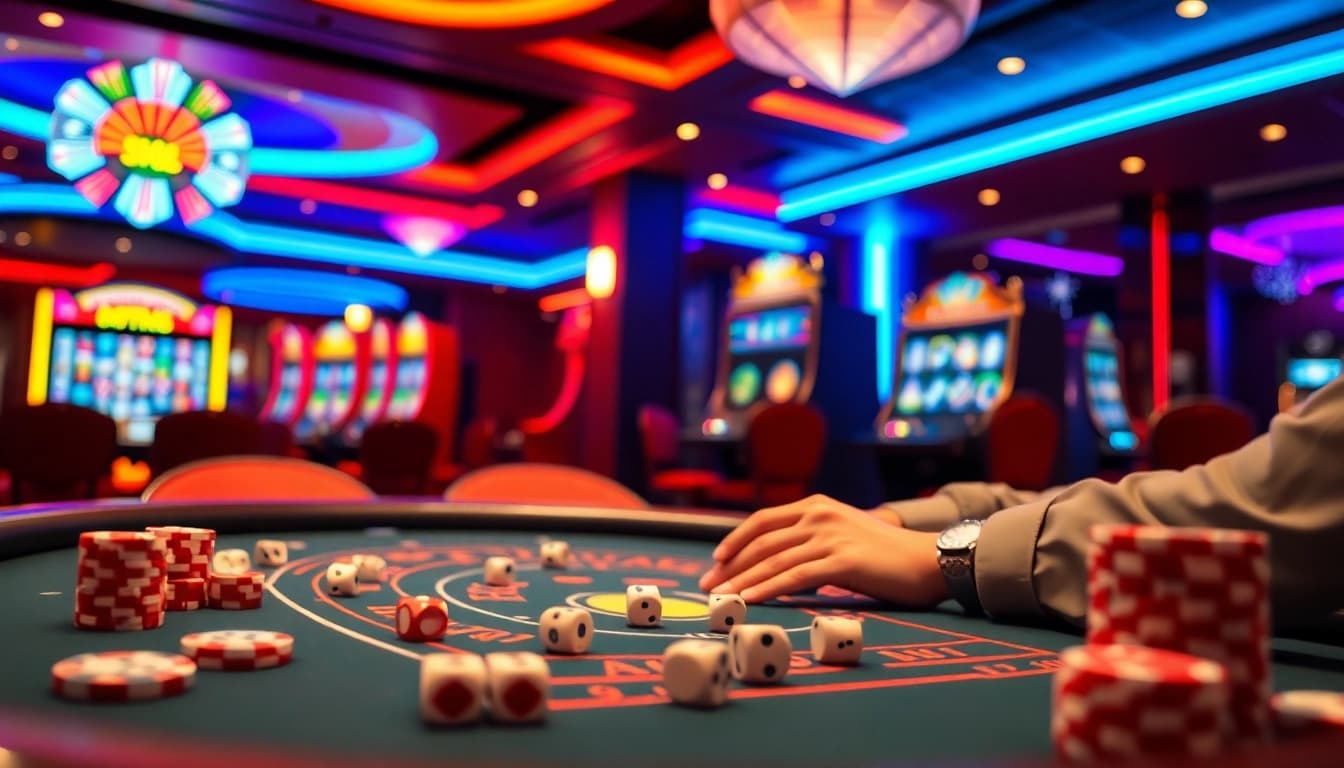 MK8 gambling strategy at an upscale casino table surrounded by vibrant poker chips and dynamic slot machines.