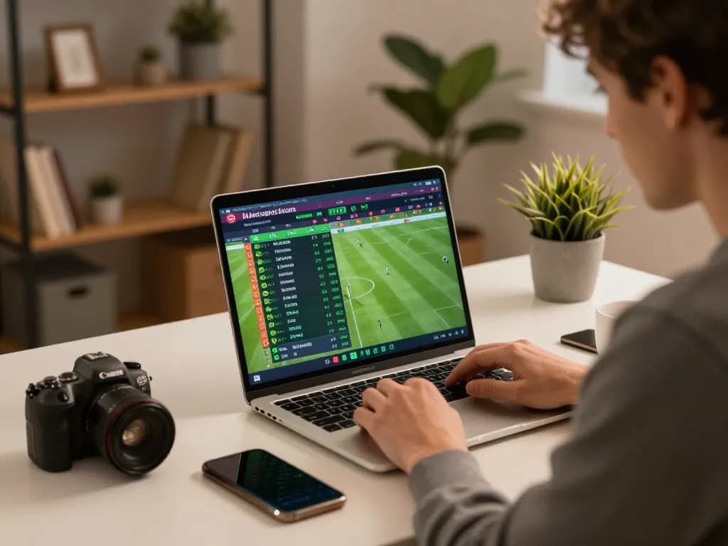 Engaged in soi keo nha cai online sports betting, person analyzing live odds on laptop during cozy home setup.