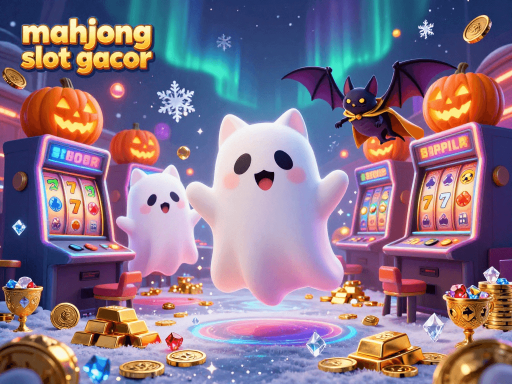 Experience majhong slot gacor excitement with a vibrant casino scene featuring a ghost cat and glowing treasures.