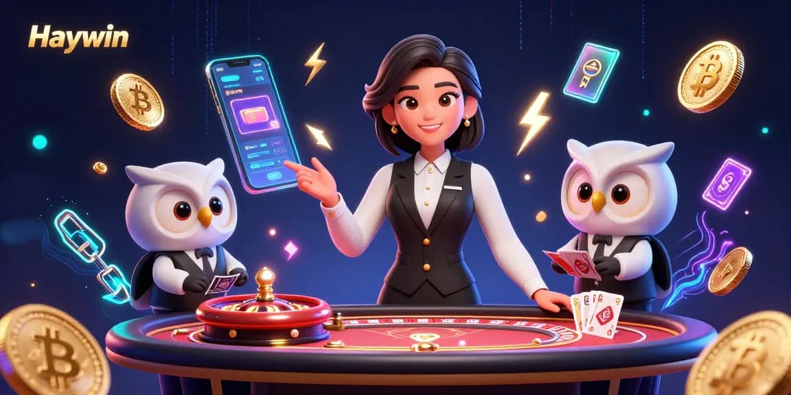 Play baccarat at Haywin with a professional dealer and digital crypto elements in a vibrant casino scene.