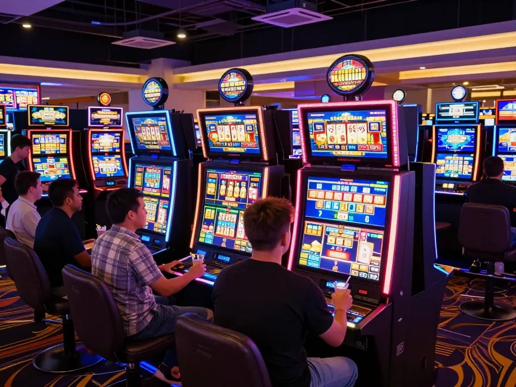 Pemain merayakan kemenangan di mesin slot berwarna-warni dalam suasana kasino yang hidup