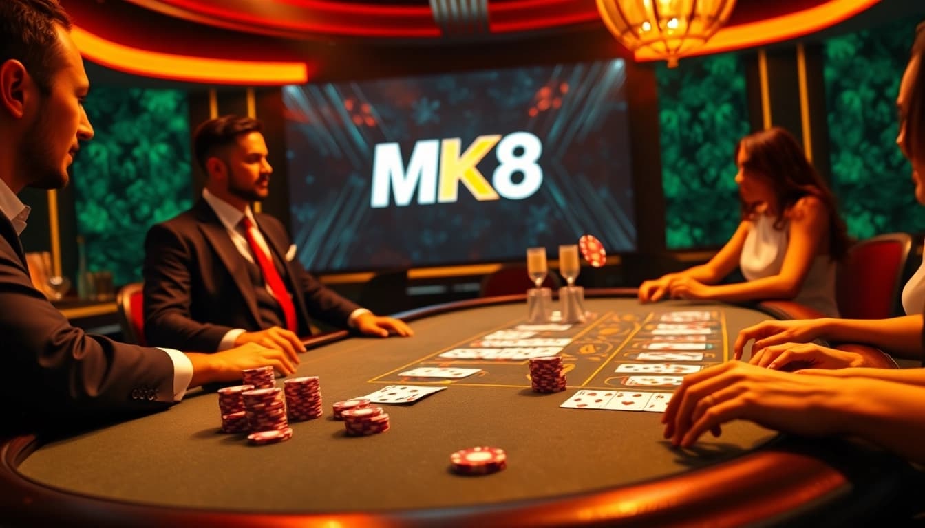 High-stakes players engaging at the MK8 casino table, surrounded by vibrant poker chips and cards.