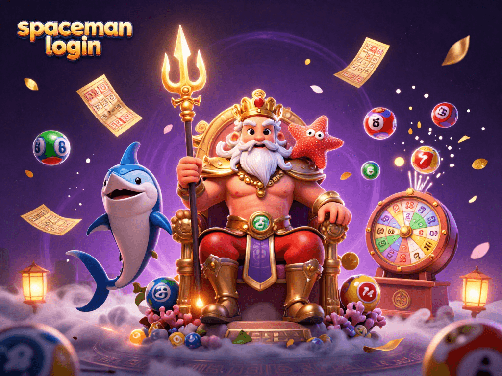 Experience the spaceman login excitement with vibrant lottery elements and scenic characters.