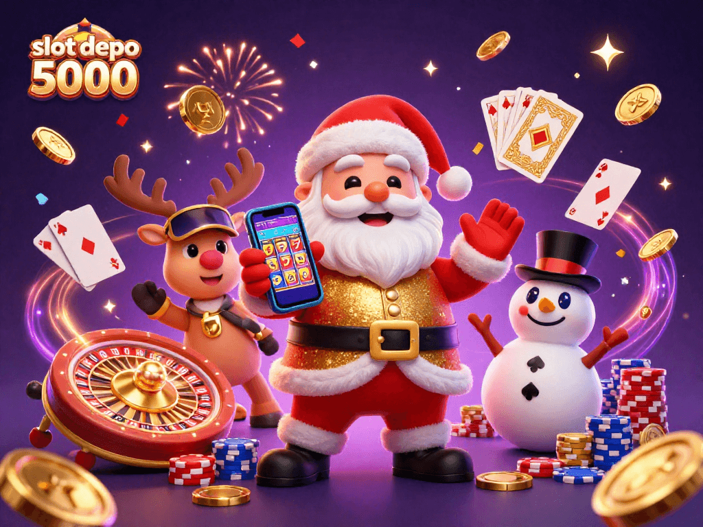 Spin the reels at slot depo 5000 alongside fun characters in a festive casino atmosphere.