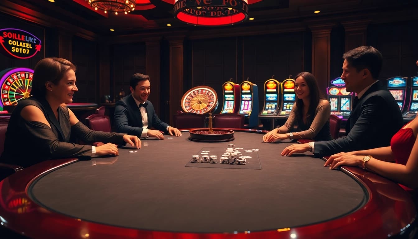 Experience the thrill of luck8 with elegant casino players at a polished poker table.