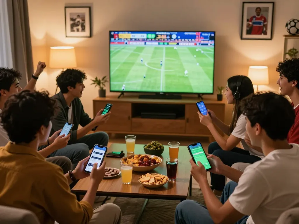 Friends engaging in sports betting while watching live matches on nowgoals app, lively atmosphere.
