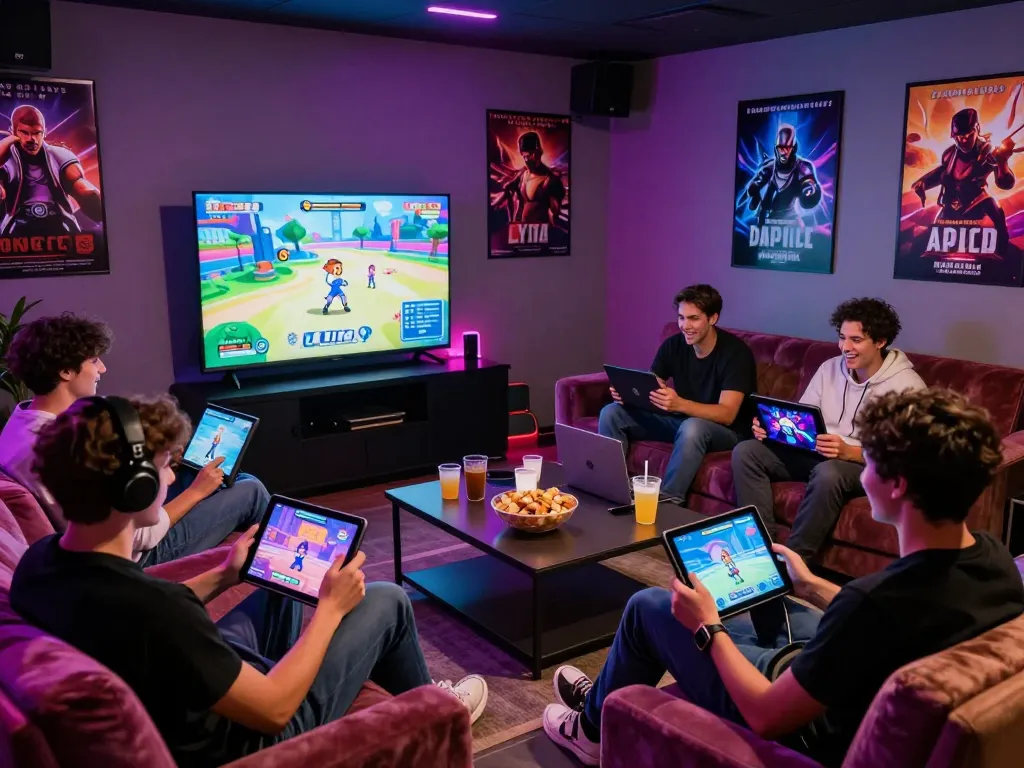 Friends playing engaging porngames in a vibrant gaming lounge, illuminated by colorful lights.