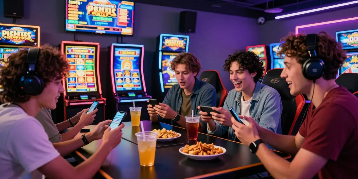Exciting gaming lounge with friends discussing bonus buy slots strategy amidst colorful slot machines and bright neon lights.