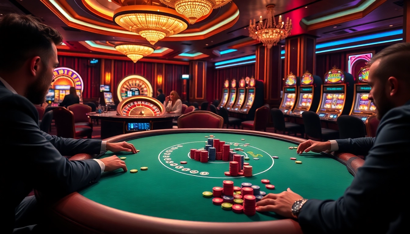 S8 casino players actively enjoying a high-stakes poker game with vibrant chips and slot machines.