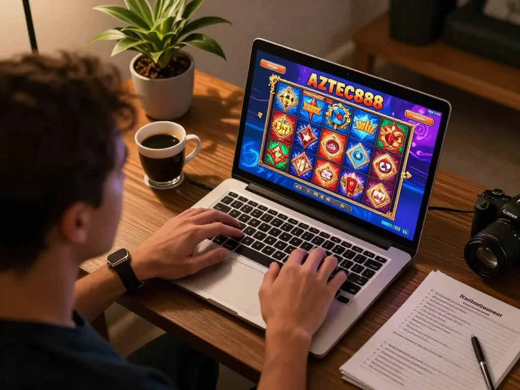Player engaging with AZTEC888 online slots on a laptop, leveraging strategic gameplay in a cozy home office.