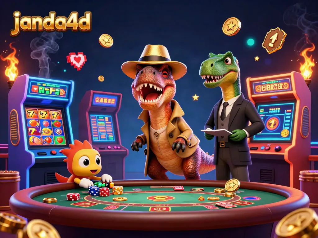 Gambarkan janda4d dengan velociraptor di meja blackjack, gulungan slot berwarna cerah, dan suasana kasino.