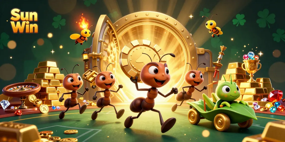 Watch ants executing a heist with a golden poker chip in the vibrant Sun Win casino scene.