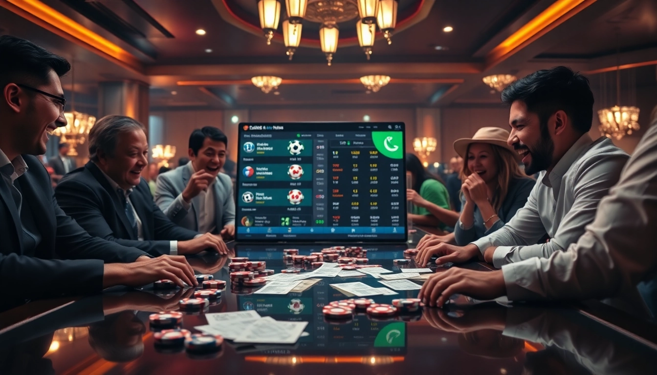 Experiencing แทงบอลยังไง at a luxury casino with excited gamblers making bets on live soccer matches.