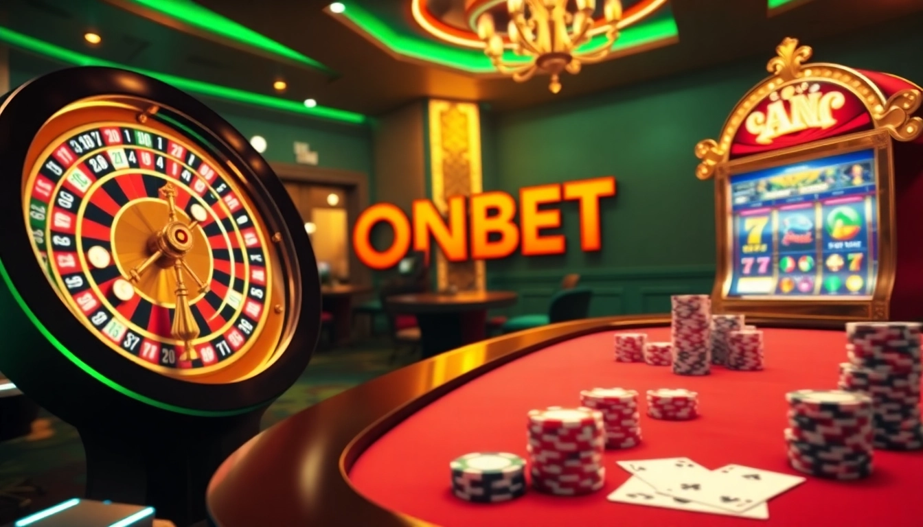 Experience thrilling online gaming with ONBET at luxurious virtual casino tables filled with chips and cards.