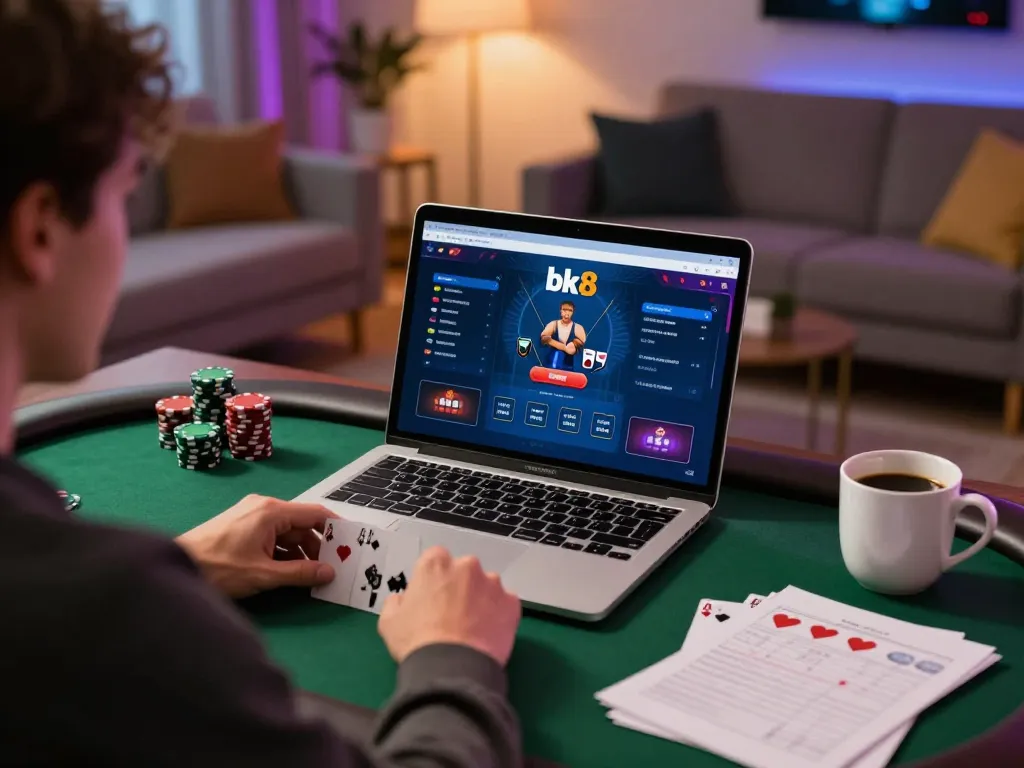 Player immerses in exciting bk8 poker game at home, featuring analysis notes and cozy setup.