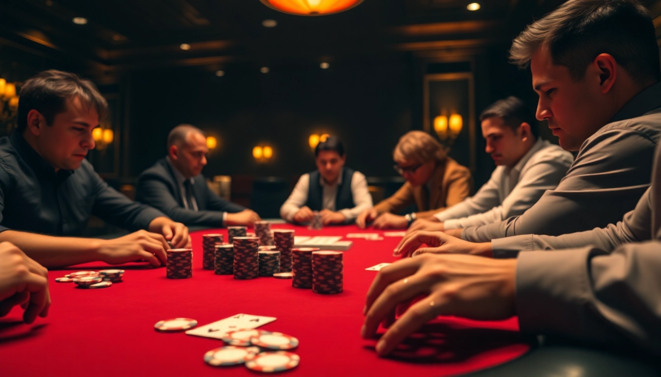 Engage in a thrilling poker game with players, chips, and cards in an elegant casino setting.