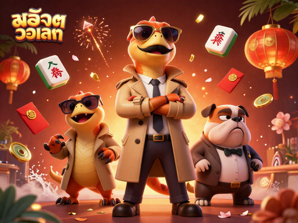 Enter a vibrant gaming scene as สล็อตวอเลท characters face a bulldog bouncer, surrounded by festive casino elements.