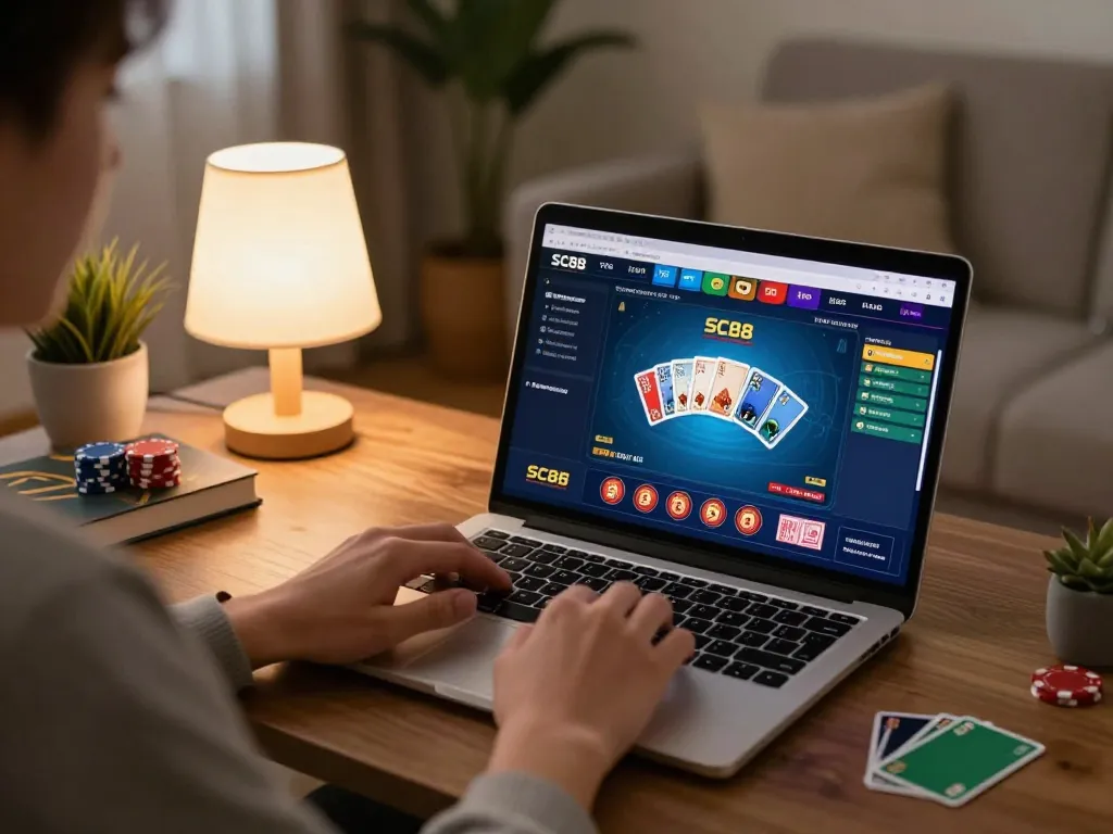 Engaging online gaming session on SC88 casino platform depicted in a cozy home setting.