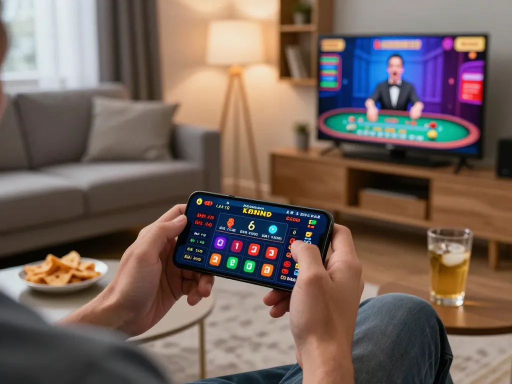 Engaging in online casino gaming using smartphone while focusing on ทางเข้า m111 in a cozy living room setting