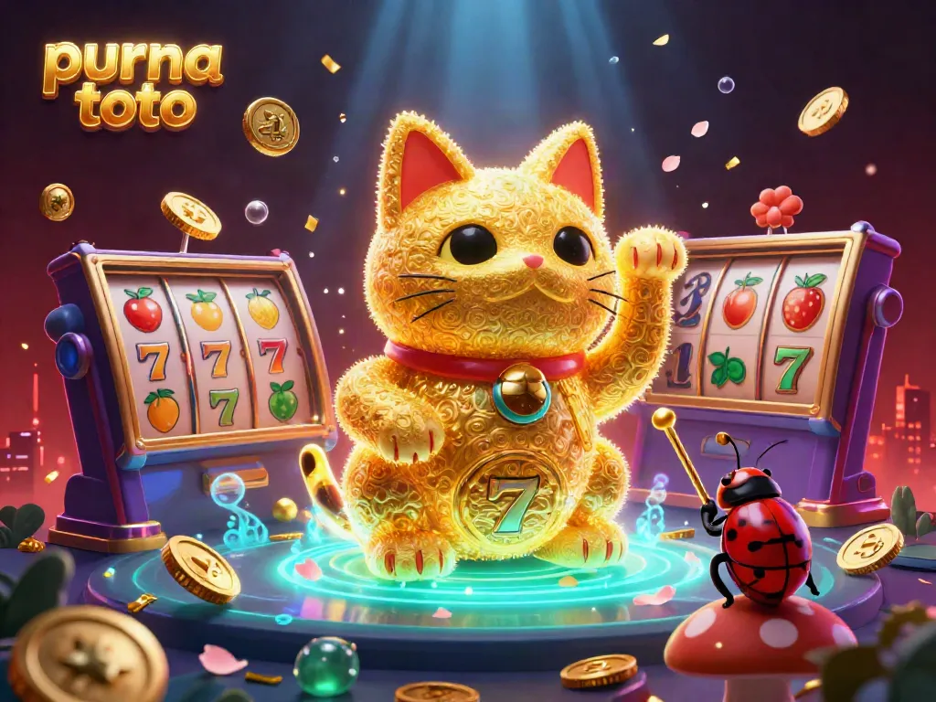Slot gacor purna toto dengan karakter kucing keberuntungan dan elemen kasino berkilauan.