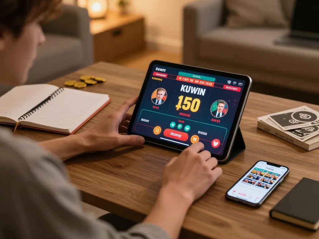 Player experiencing kuwin online gambling through a tablet, surrounded by strategic materials in a cozy setting