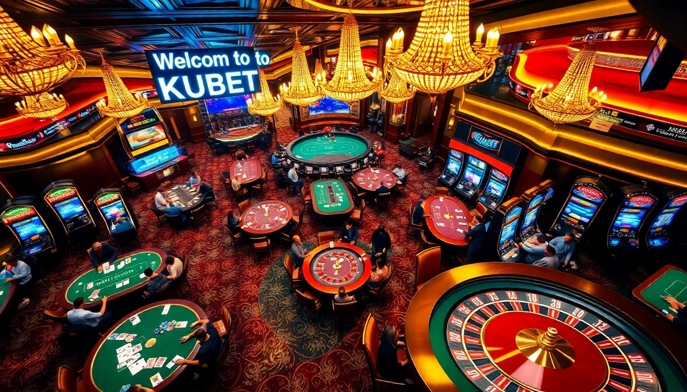 Experience thrilling action at kubet casino with players at card tables, vibrant slot machines, and roulette.