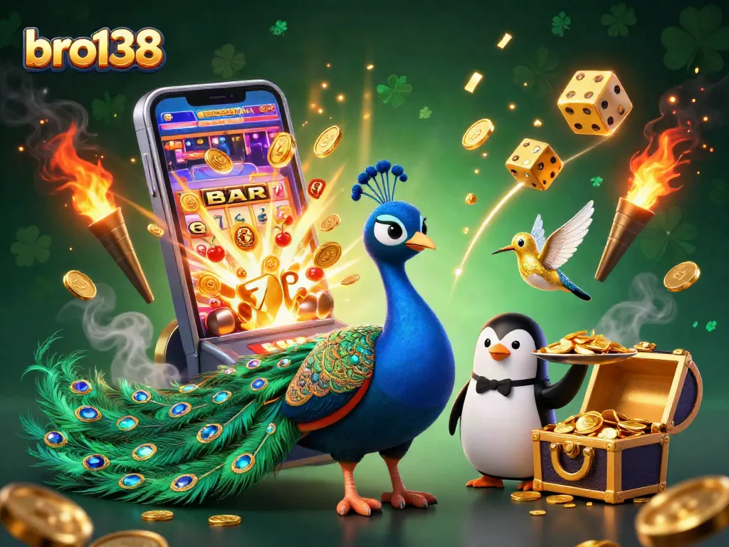 Spin the reels at bro138 with a colorful 3D illustration of casino elements and lively characters.