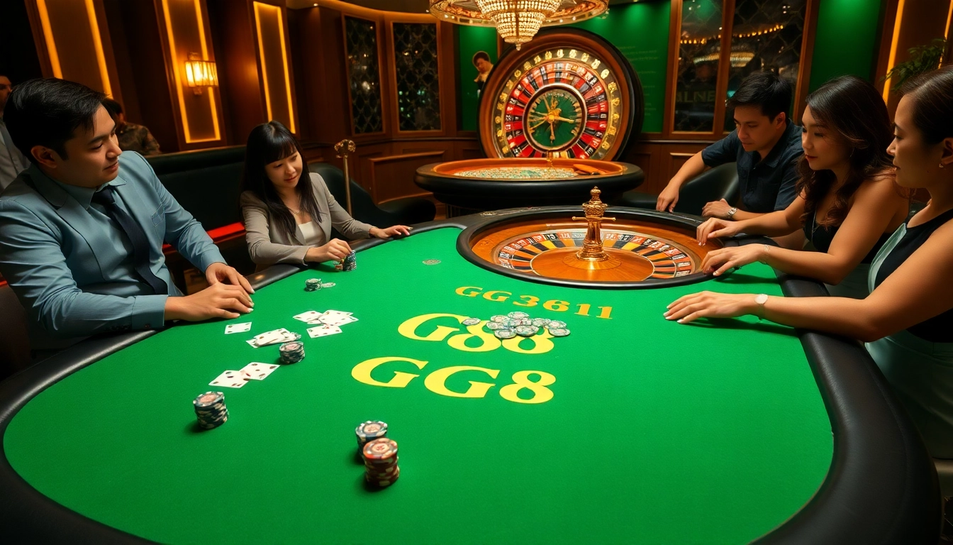 Players enjoying a thrilling round at the GG88 poker table with vibrant chips and cards.