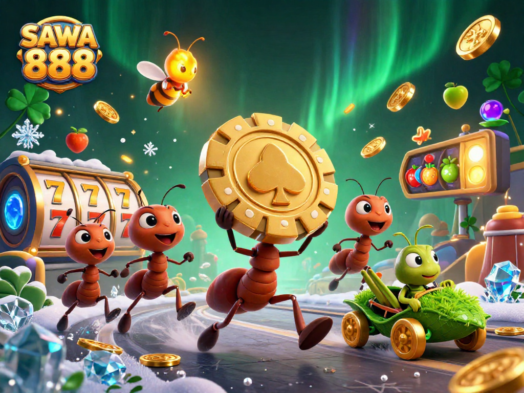 SAWA 888 showcases a lively scene with ants carrying a giant poker chip in a vibrant casino adventure.