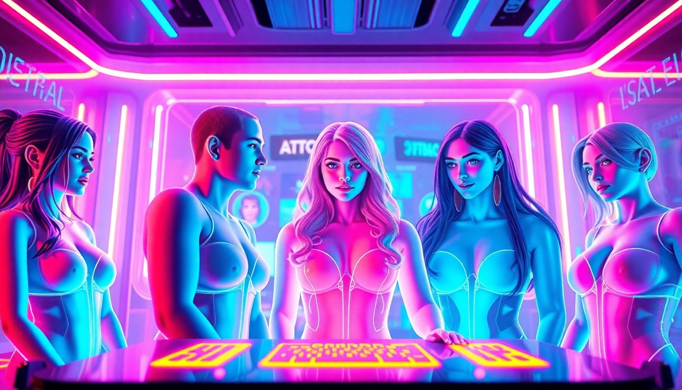 NSFW digital chat interface with vibrant holographic characters in a futuristic design.