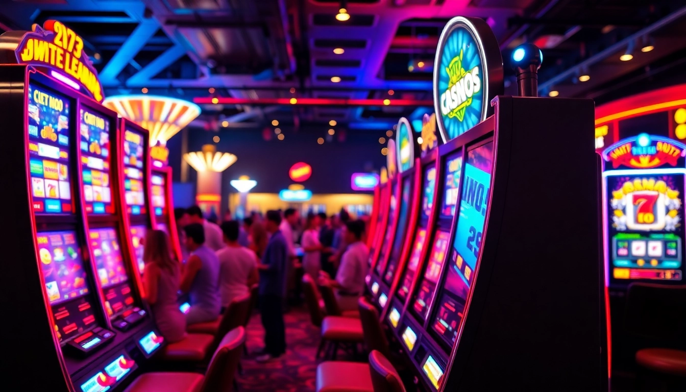 Slot Game penuh warna di kasino, dengan mesin cerah dan orang-orang asyik bermain.