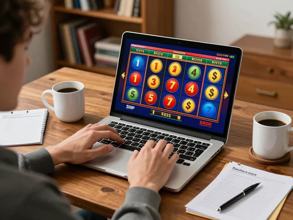 Player enjoys exciting rikvip online slot gameplay on a laptop, showcasing vibrant winning reels and strategic notes