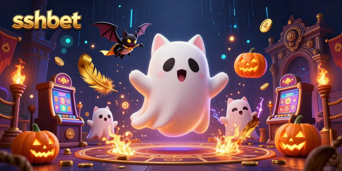 Experience thrilling moments at sshbet with our illuminated ghost cat and vampire bat in a dynamic casino scene.