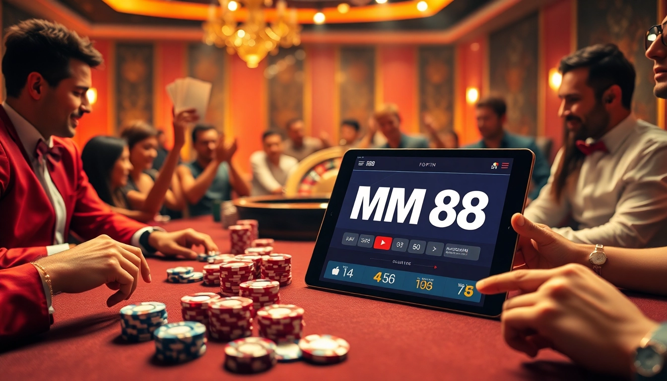 Players enjoying a thrilling poker game at MM88 casino with vibrant chips and casino ambiance.