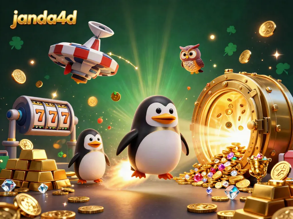 Gambar 3D ilustrasi menarik dari janda4d menampilkan karakter penguin emas berpeluncur roket dengan simbol slot dan harta karun berlian.