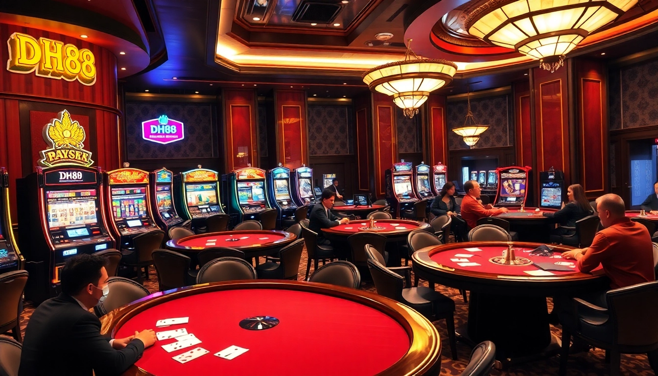 Players enjoying roulette and poker in a luxurious casino featuring DH88-themed decor.