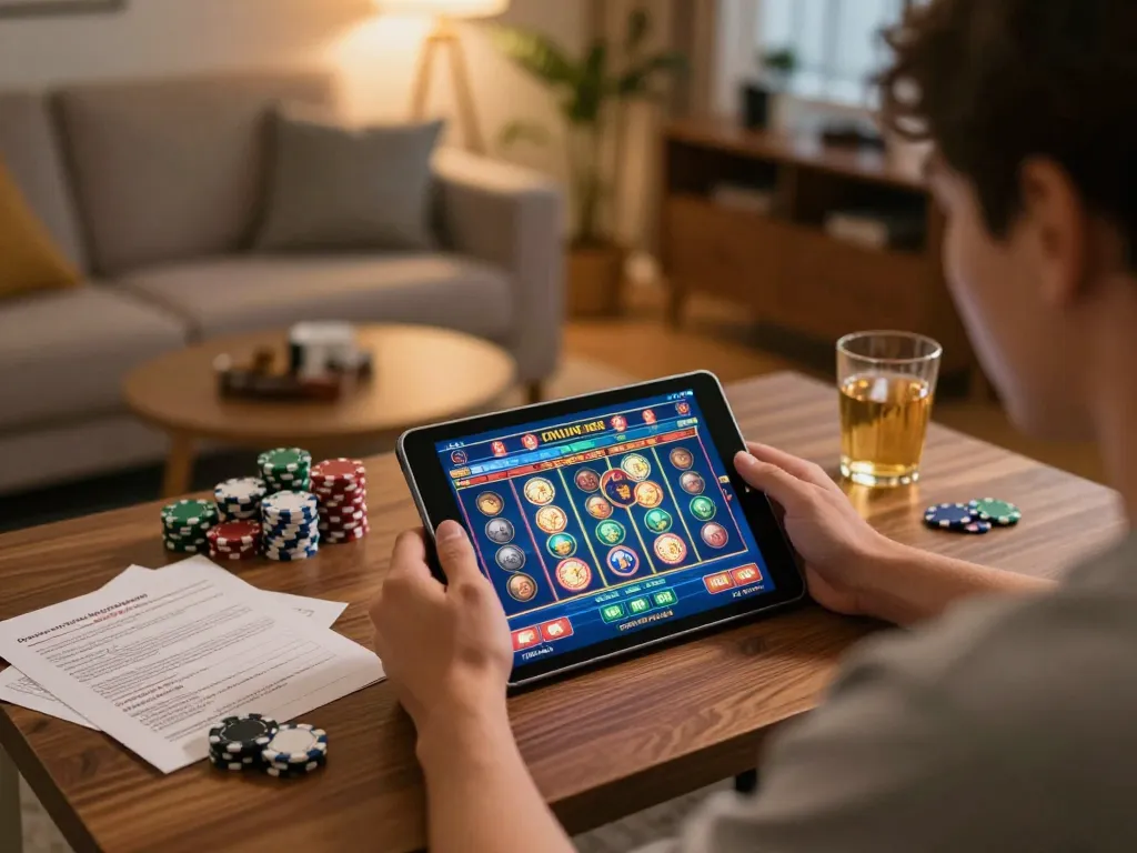 Player enjoying situs slot gacor through tablet gameplay in cozy living room, showcasing responsible gaming.