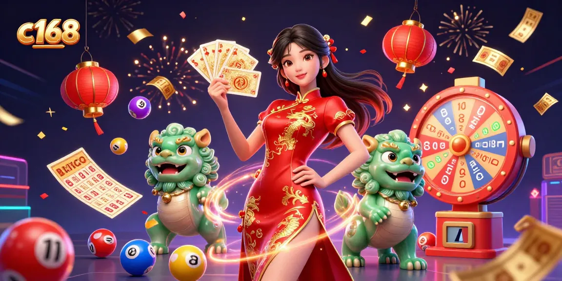C168 showcases a vibrant gambling scene with a traditional qipao-clad woman, card fan, jade lion, and lottery elements.